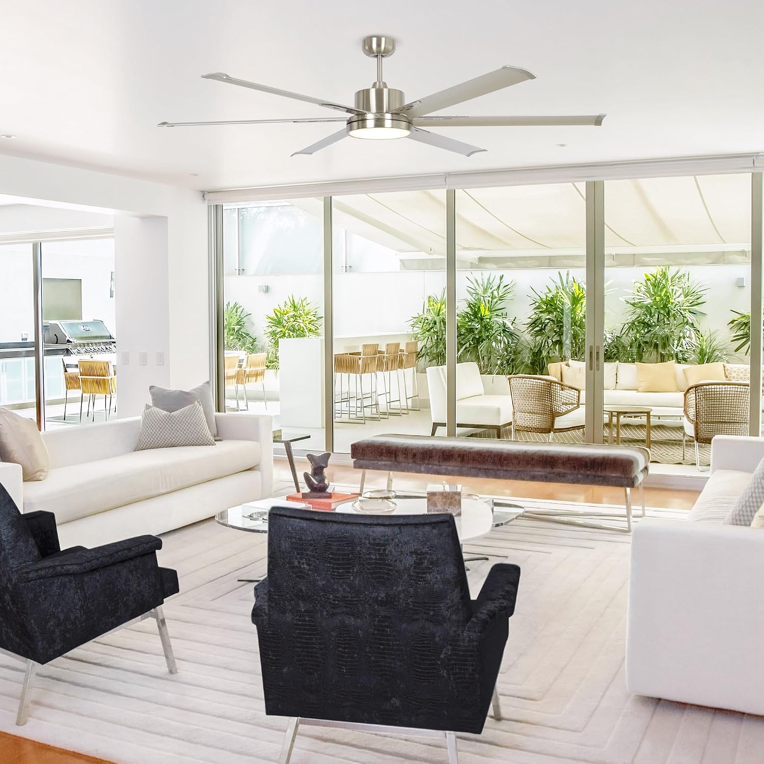 Industrial Ceiling Fans with Lights and Remote, 65 Inch Large Ceiling Fan for Living Room Bedroom, Outdoor Ceiling Fans for Patios, DC Motor Reversible 6 Blades, Ventilador de Techo, Brushed Nickel