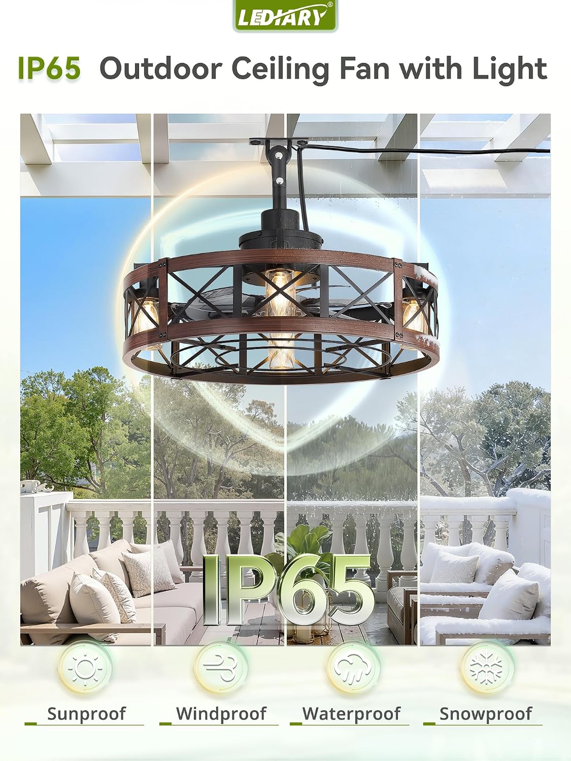 LEDIARY Outdoor Ceiling Fan with Lights for Patios- 22' Waterproof Plug in Gazebo Fan with Remote Control&Timer, 6-Speed Reversible Motor, Hanging Caged Ceiling Fan for Porch, Pergola, Walnut