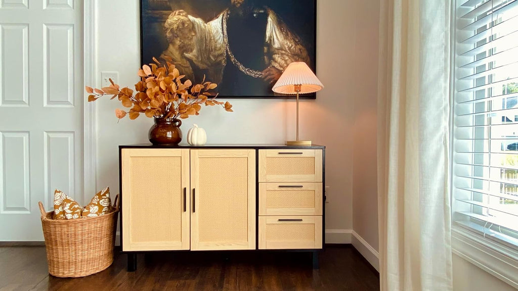 PHI VILLA Black Rattan Cabinet with Doors, Buffet Sideboard Cabinet with Drawers, 2 Door Storage Cabinets