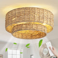 18'' Boho Caged Ceiling Fan with Light and Remote, Rattan Flush Mount Ceiling Fan, Low Profile Fandelier with 6 Speeds for Bedroom Living Room Kids Room Nursery Kitchen