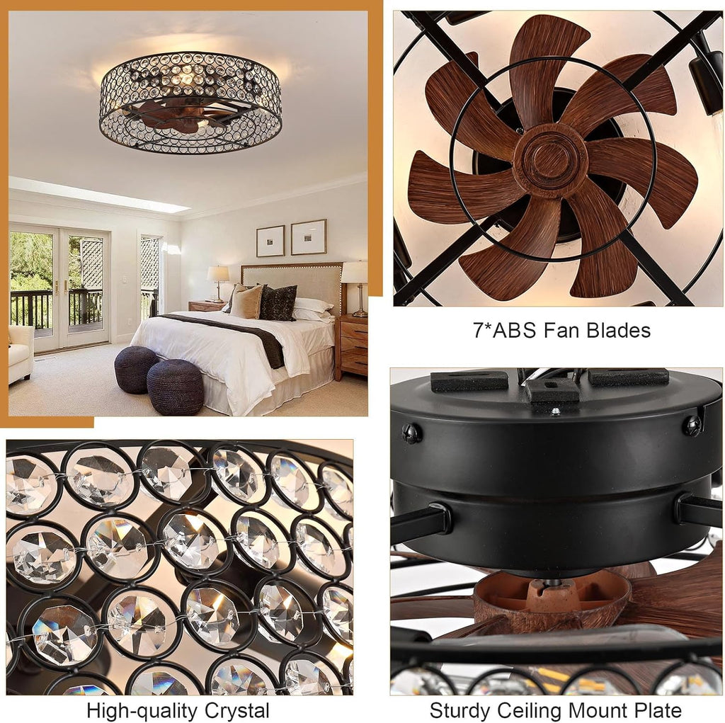 Modern Chandelier Crystal Ceiling Fans with Lights and Remote, 20-Inch Low Profile Bladeless Flush Mount Caged Ceiling Fan for Bedroom, Kitchen,Living Room,Small Ceiling Fan with Light with 6 Speed