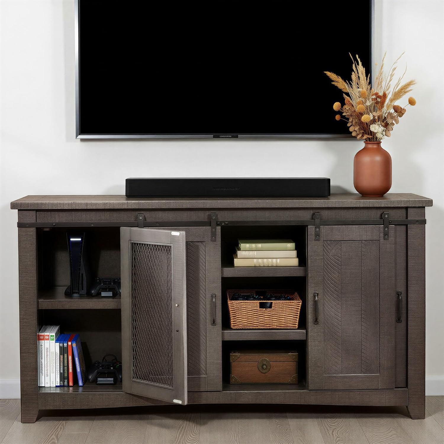 Martin Svensson Home 65' Solid Pine Wood Entertainment Center with Storage. Rustic TV Stand for TVs up to 70.' Sliding Doors, Adjustable Shelves & Cable Management – Gray Finish