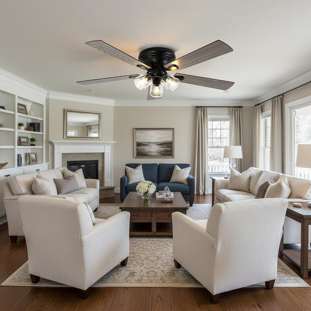 52' Flush Mount Ceiling Fan with Lights and Remote Control,Industrial Farmhouse Ceiling Fan,Reversible Quiet Motor,5 Wood Blades,3 Clear Glass Lights for Bedroom Living Room Kitchen