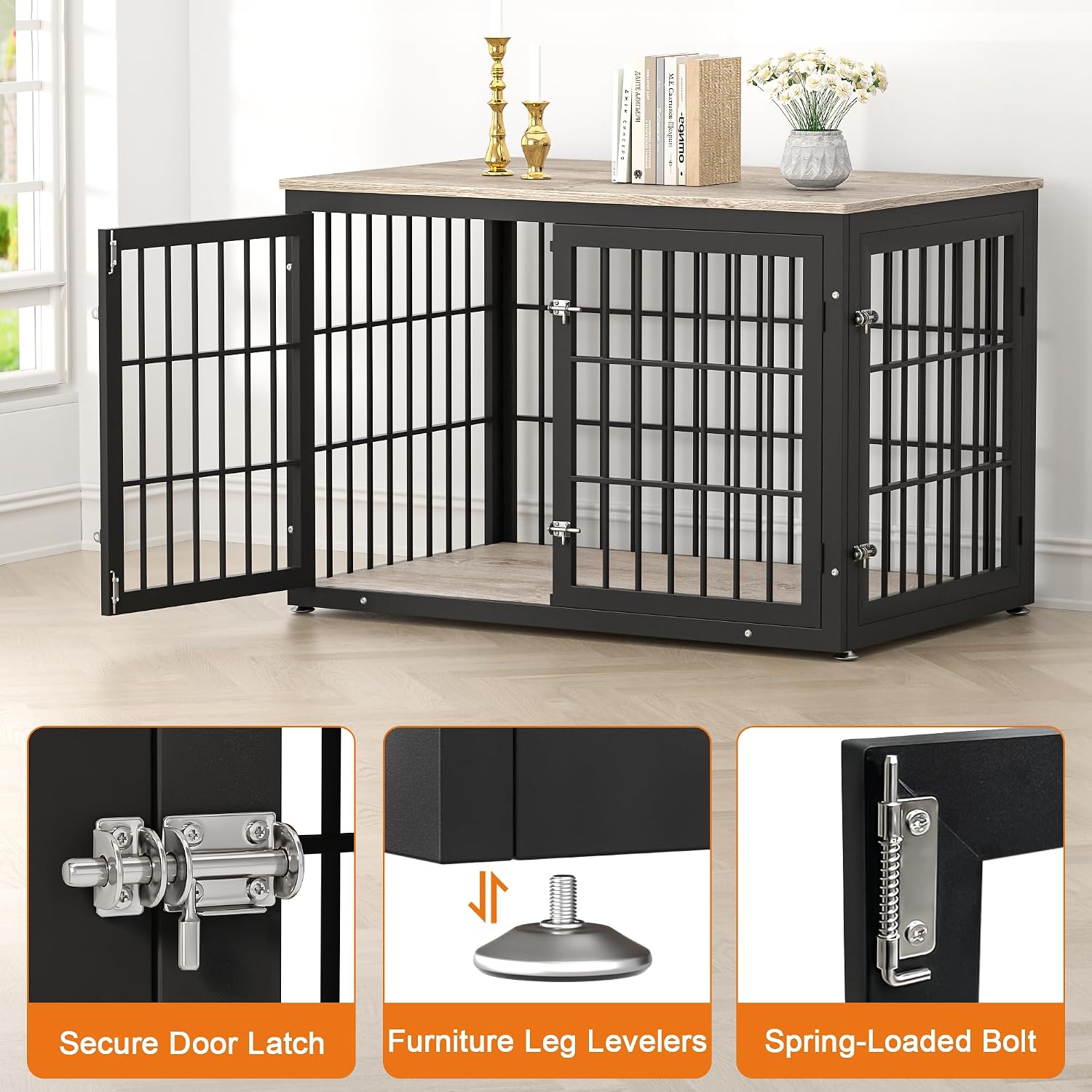 rehomerance 48 Inch Heavy Duty Dog Crate Furniture for Large and Medium Dogs, Decorative Pet House End Table, Wooden Cage Kennel Furniture Indoor, Grey