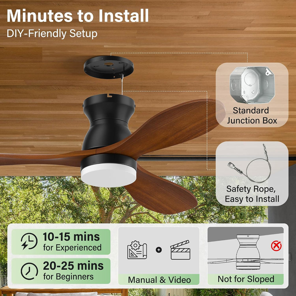 52' Wood Ceiling Fans with Lights Remote,Smart Control via Alexa APP,Quiet DC Motor,Flush Mount Ceiling Fan for Low Profile Living Room,Patio,Indoor Outdoor,Black&Walnut Brown,3 Blade,6 Speed,Dim LED
