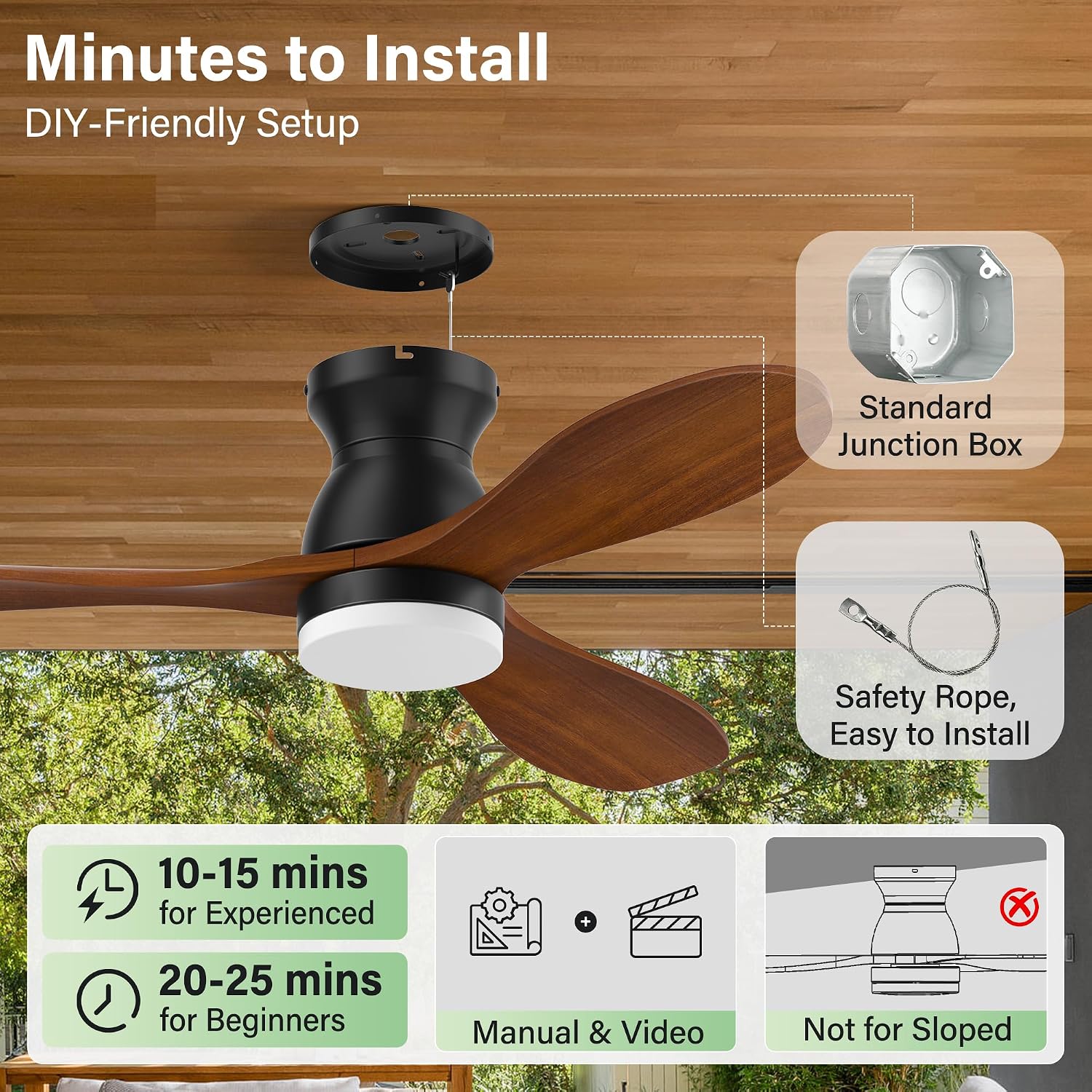 52' Wood Ceiling Fans with Lights Remote,Smart Control via Alexa APP,Quiet DC Motor,Flush Mount Ceiling Fan for Low Profile Living Room,Patio,Indoor Outdoor,Black&Walnut Brown,3 Blade,6 Speed,Dim LED