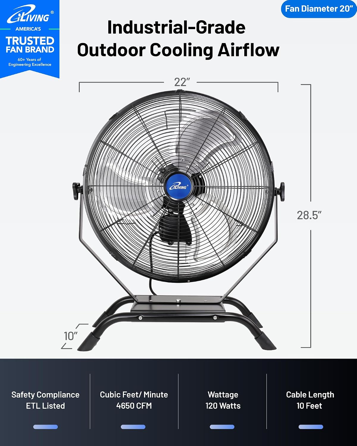 iLiving 20' Wall Mounted/Floor Stand Variable Speed Indoor/Outdoor Fan, Industrial grade for Patio, Greenhouse, Garage, Workshop, and Loading Dock, 4650 CFM, Black