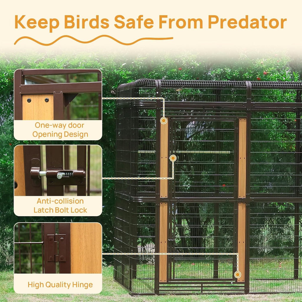 87-inch Outdoor Large Walk-in Cage Heavy Duty Bird Cage Carbon Crystal Board Aviary Parrot Cage Wide Flight Metal Birdcage for Macaw Budgie Conure Lovebird Parakeet Cockatiel, 7.22x5.25x6.8ft, Brown