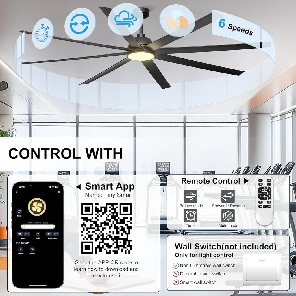84'' Ceiling Fan with Lights - Remote & APP Control, Large Industrial DC Motor Fan for Covered Outdoor Patios, Warehouse, Shop, Garage, Black