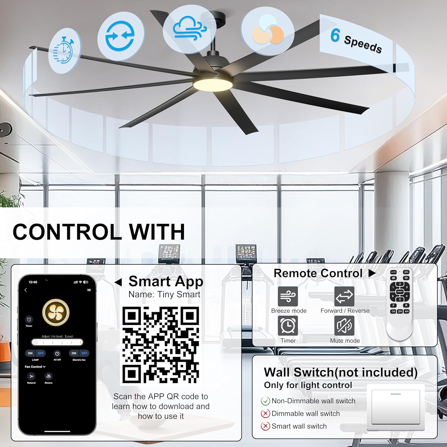 84'' Ceiling Fan with Lights - Remote & APP Control, Large Industrial DC Motor Fan for Covered Outdoor Patios, Warehouse, Shop, Garage, Black