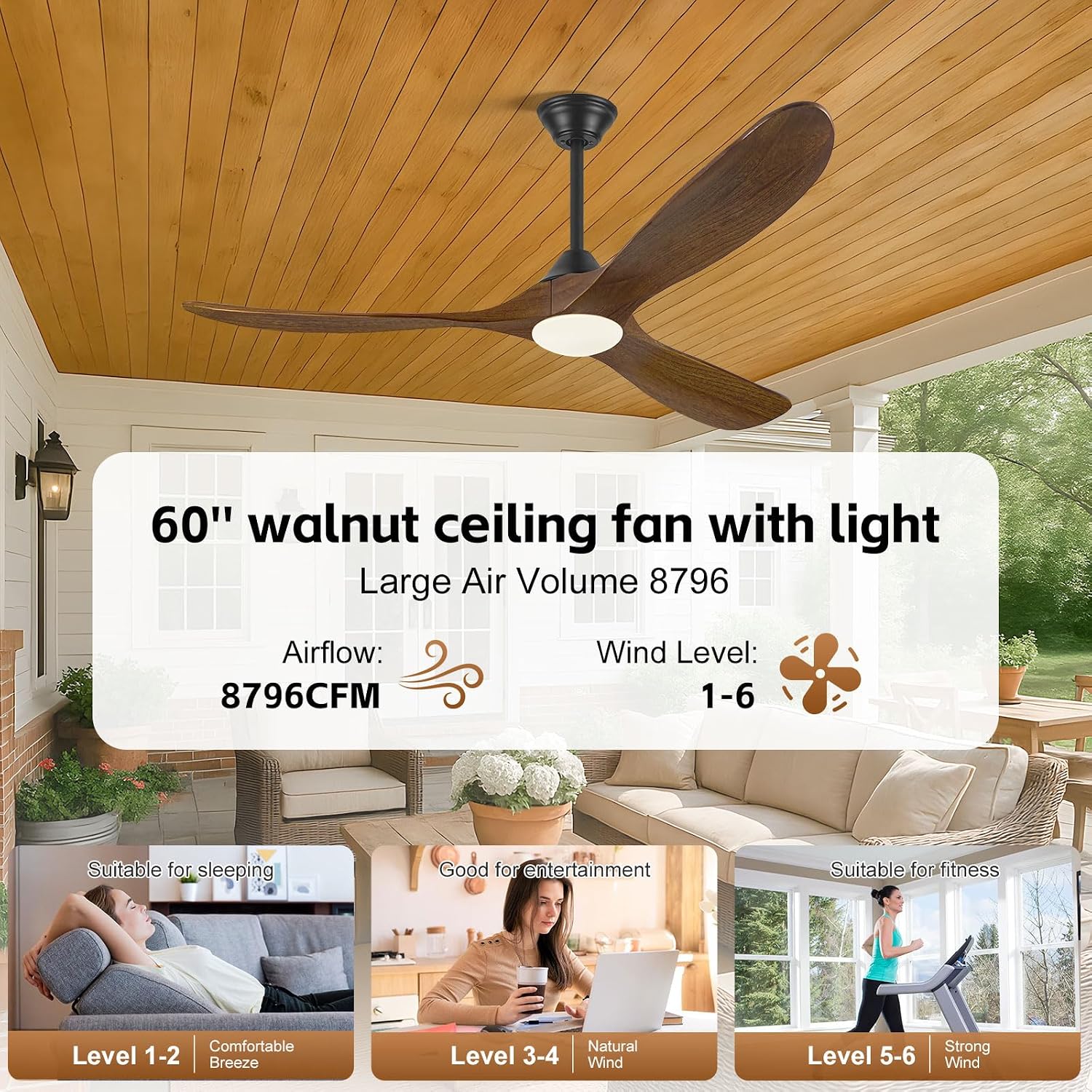 60 Inch Wood Farmhouse Ceiling Fan with Lights and Remote, 3 Propeller Solid Walnut Blades, Rustic Outdoor Ceiling Fans for Patio Damp Rated, Large Airflow Quiet Reversible DC Motor, for Indoor Room