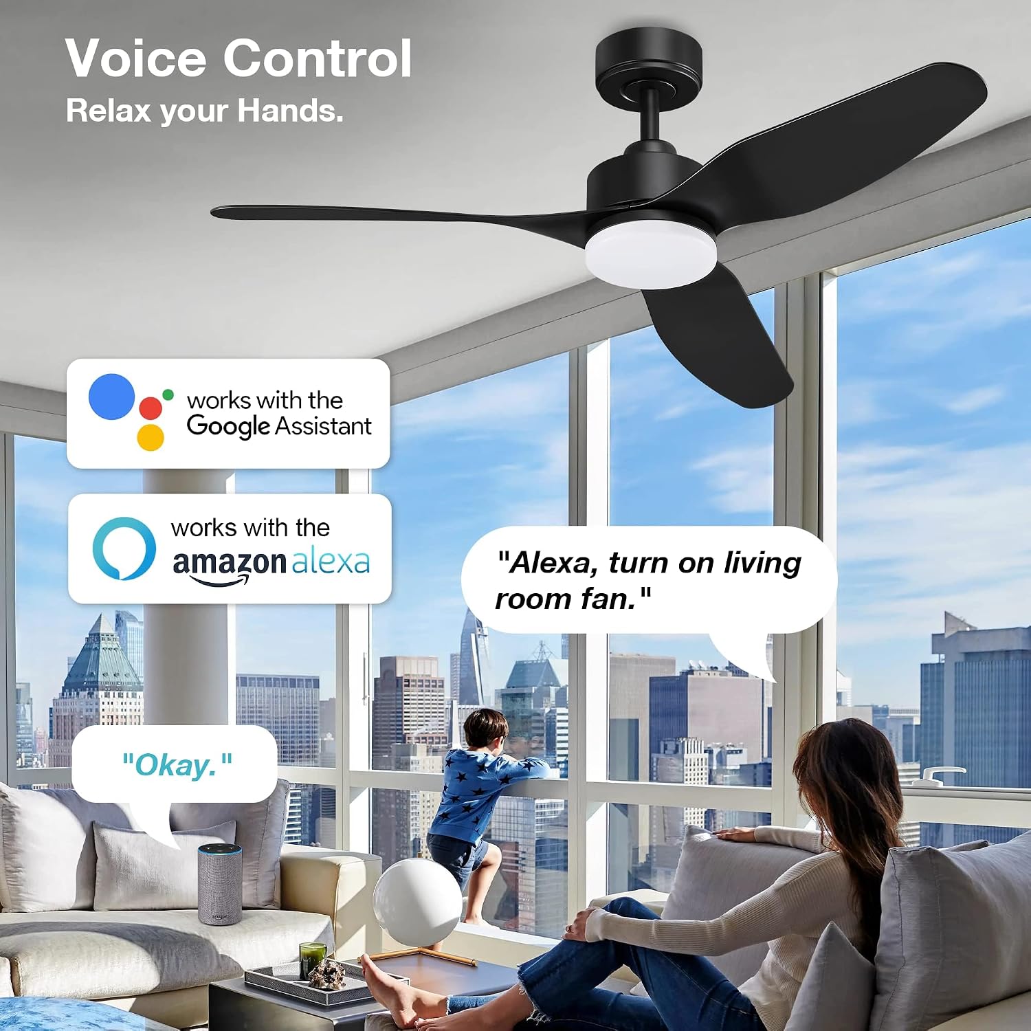 Hoenofly 48' Smart Ceiling Fans with LED Lights Remote,Quiet DC Motor,Dimmable,Outdoor Indoor Modern Ceiling Fan Controlled by WIFI Alexa App,3 Black Blades for Bedroom Living Room Patio Porch