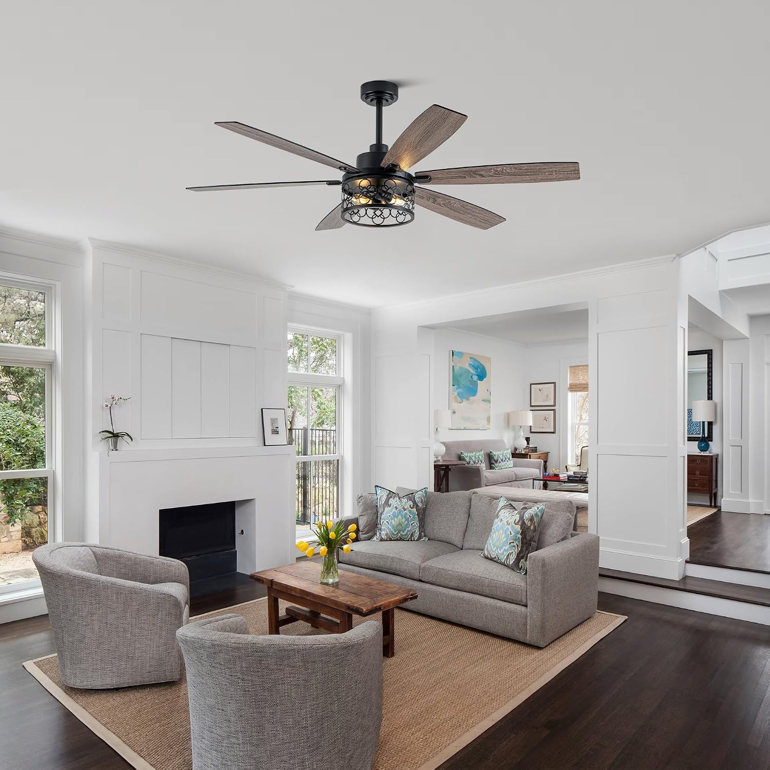 60' Large Ceiling Fans with Lights, Modern Farmhouse Caged Ceiling Fan with Light and Remote, Reversible Motor, 6 Double Finish Wood Blades, Black Rustic Industrial Ceiling Fan for Living Room