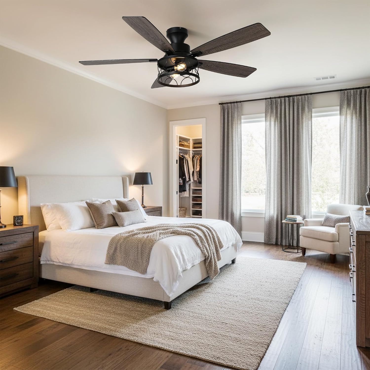 52'' Flush Mount Ceiling Fan with Light, Farmhouse Low Profile Ceiling Fan with Remote, 6-Speed Quiet Reversible DC Motor, 3 Clear Glass Lights, Timer Function, for Bedroom Living Room Kitchen