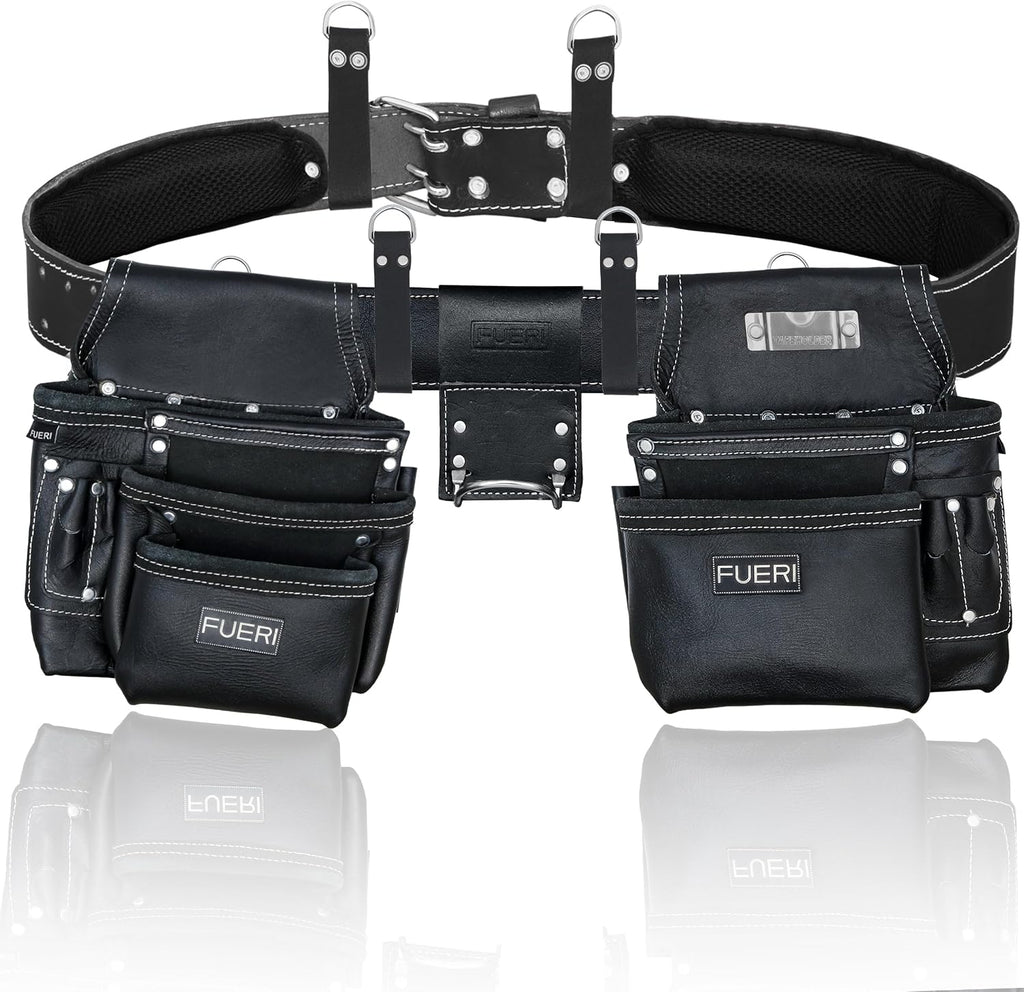FUERI Full Grain Leather tool belts for men, Heavy-duty Carpenter Tool Rig organizer with 17 Pockets pouches, hammer holder, 4-Suspender loops, and a foam-padded belt for Framers, and Electricians