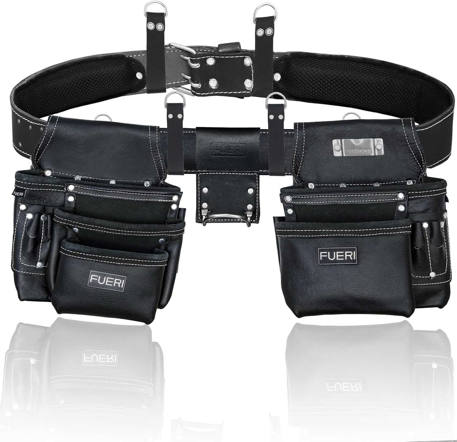 FUERI Full Grain Leather tool belts for men, Heavy-duty Carpenter Tool Rig organizer with 17 Pockets pouches, hammer holder, 4-Suspender loops, and a foam-padded belt for Framers, and Electricians