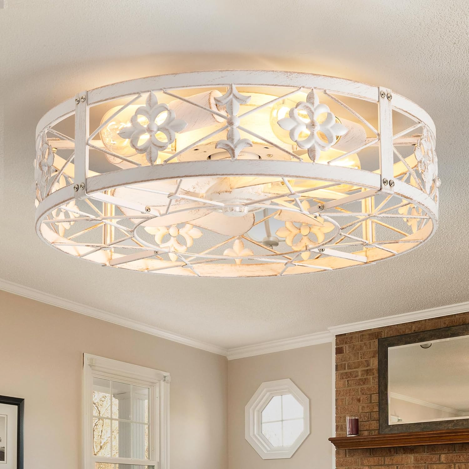 ZYD Caged Ceiling Fans with Light, 20' Ceiling Fans with Lights and Remote Flush Mount, Bladeless Caged Ceiling Fan with Light, Rust White Farmhouse Ceiling Fan for Bedroom, Kitchen, Dining Room