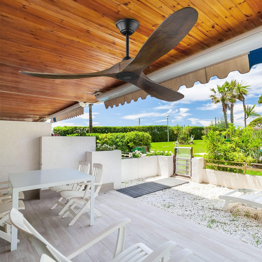 52 Inch Outdoor Ceiling Fan, Wood Ceiling Fan Without Light with Remote Control, 3 Blades Moisture-Proof Large Indoor Fan with 6 Speed Noise-Free DC Motor for Bedroom Patios Kitchen