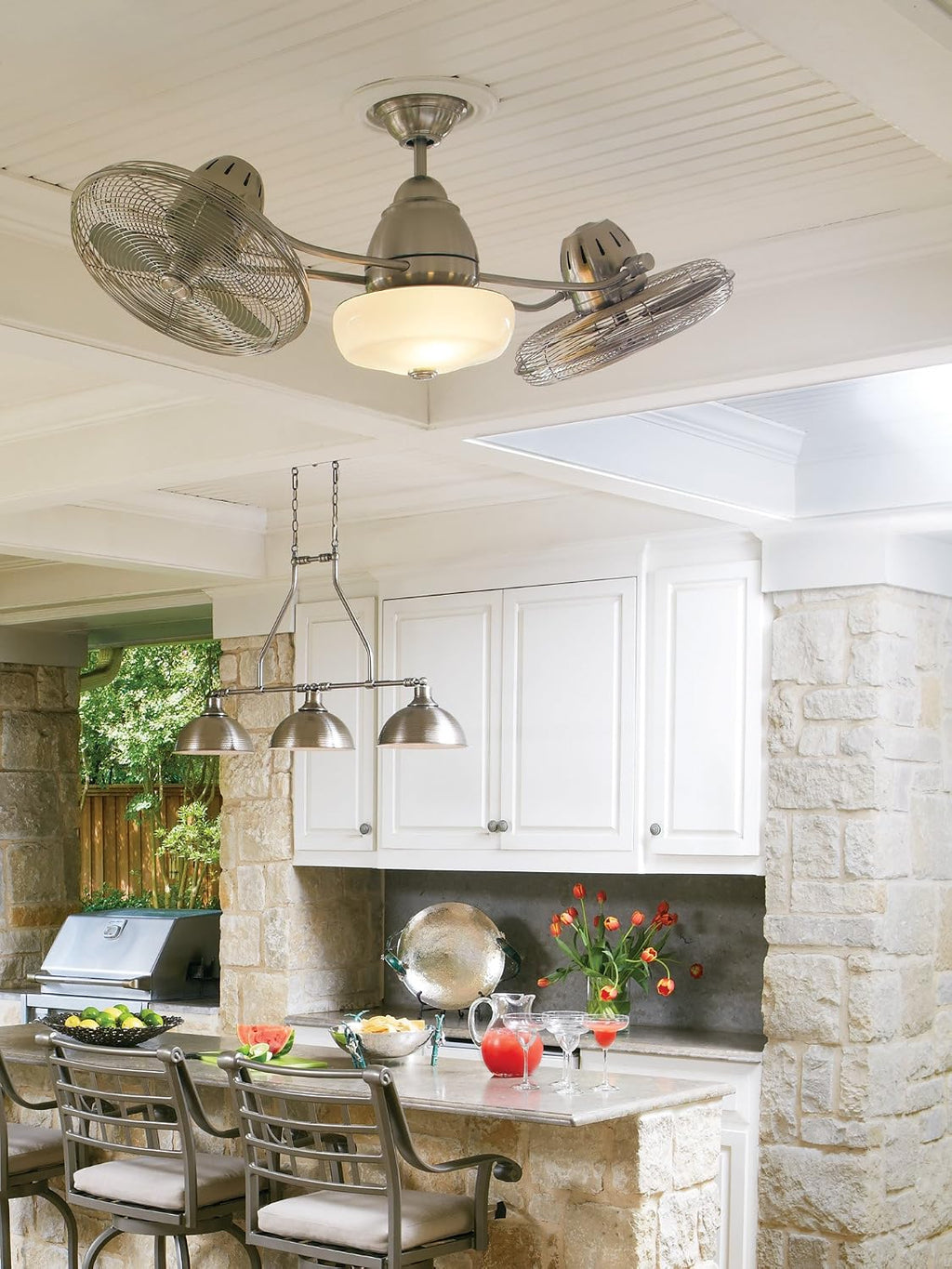 Craftmade 48' Bellows II BW248AG6 Outdoor Damp Rated Dual Head Ceiling Fan, Aged Bronze Finish, Integrated Light Kit, 2 x Dimmable 9W LED Bulbs, Optional Cap Included; Remote and Wall Control Included
