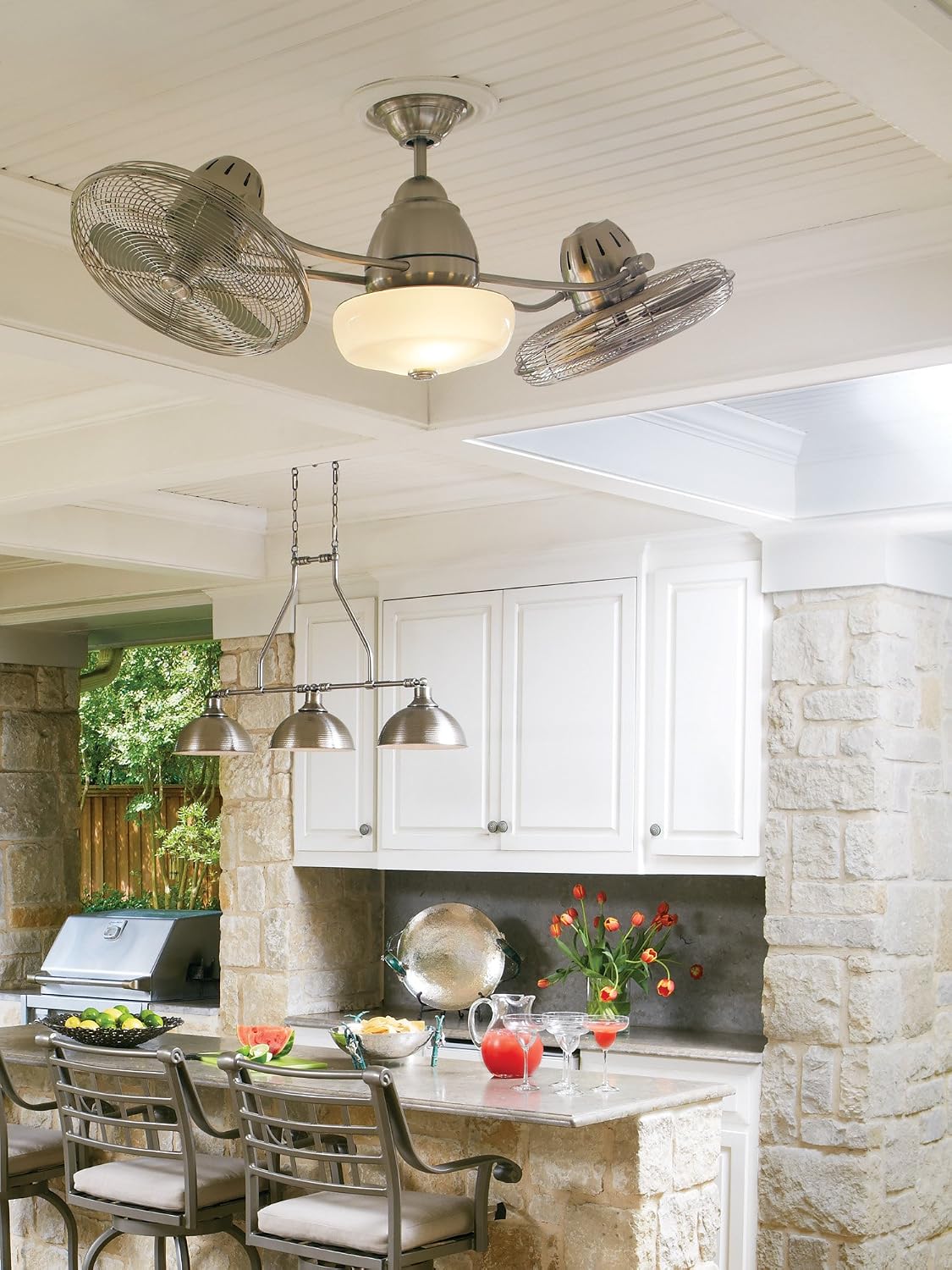 Craftmade 48' Bellows II BW248AG6 Outdoor Damp Rated Dual Head Ceiling Fan, Aged Bronze Finish, Integrated Light Kit, 2 x Dimmable 9W LED Bulbs, Optional Cap Included; Remote and Wall Control Included