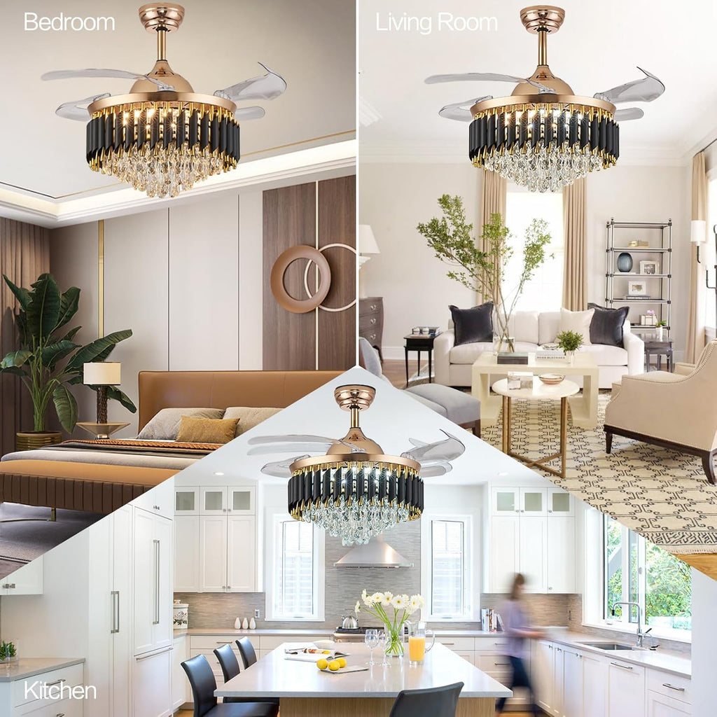 36' Dimmable Black and Gold Crystal Chandelier with Fan, Gold Fandelier Ceiling Fans with Lights and Remote Modern Retractable Blade Ceiling Fans for Dinning Room Living Room Kitchen