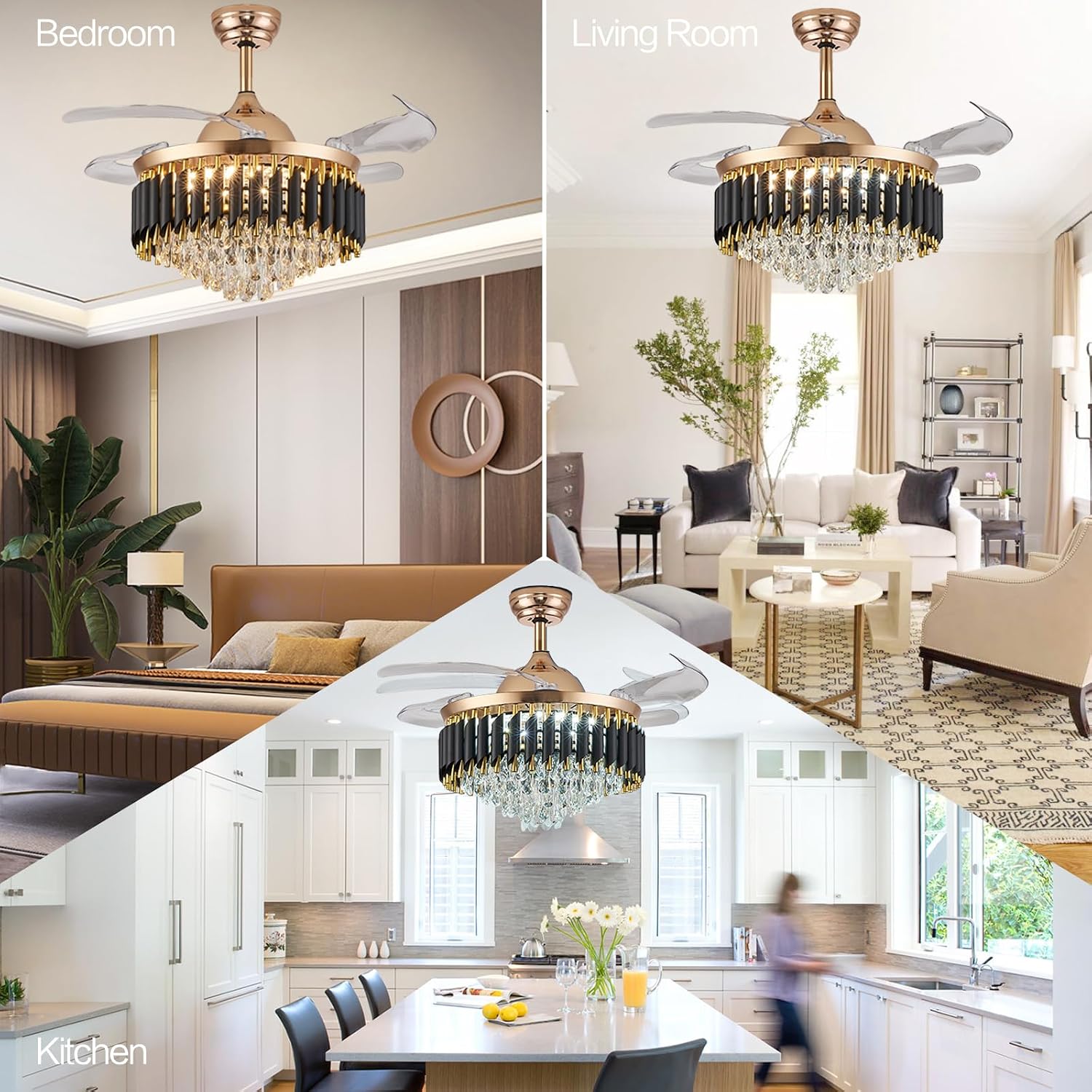 36' Dimmable Black and Gold Crystal Chandelier with Fan, Gold Fandelier Ceiling Fans with Lights and Remote Modern Retractable Blade Ceiling Fans for Dinning Room Living Room Kitchen