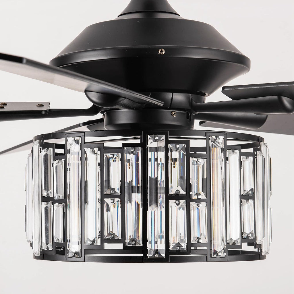 Parrot Uncle Ceiling Fans with Lights and Remote Black Ceiling Fan with Light for Bedroom Crystal Chandelier Fans, Reversible Motor, Timer, E26 Lamp Base, 52 Inch