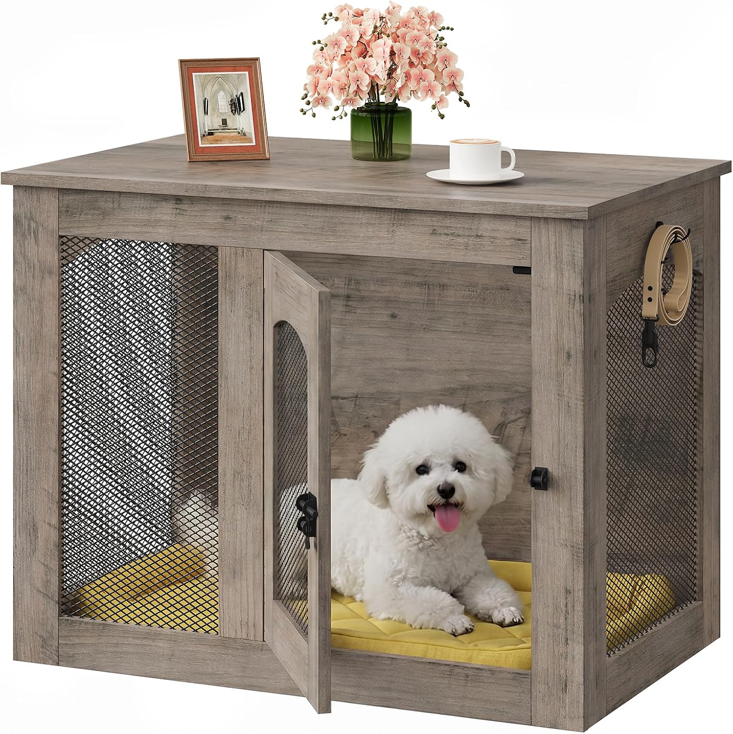 CHOEZON Wooden 30.1' Dog Crate Furniture, Farmhouse Pet Cage End Table with Secure Lock, Ventilated Mesh for Medium Dogs, Dog Kennel Furniture for Living Room, Bedroom, Greige MGW02FH