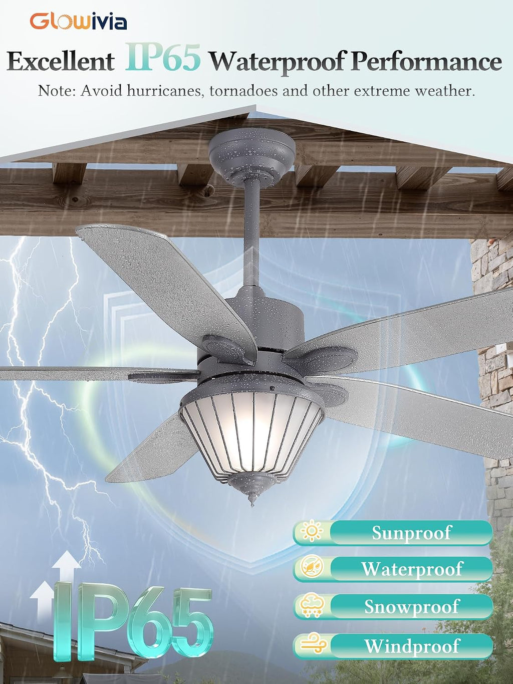 52 Inch Waterproof Outdoor Ceiling Fan with Lights, IP65 Waterproof, Remote Control, 6-Speed Quiet DC Motor, 5 Dual Finish Blades, Farmhouse Ceiling Fan for Patios Porch Pavilion (Gray)