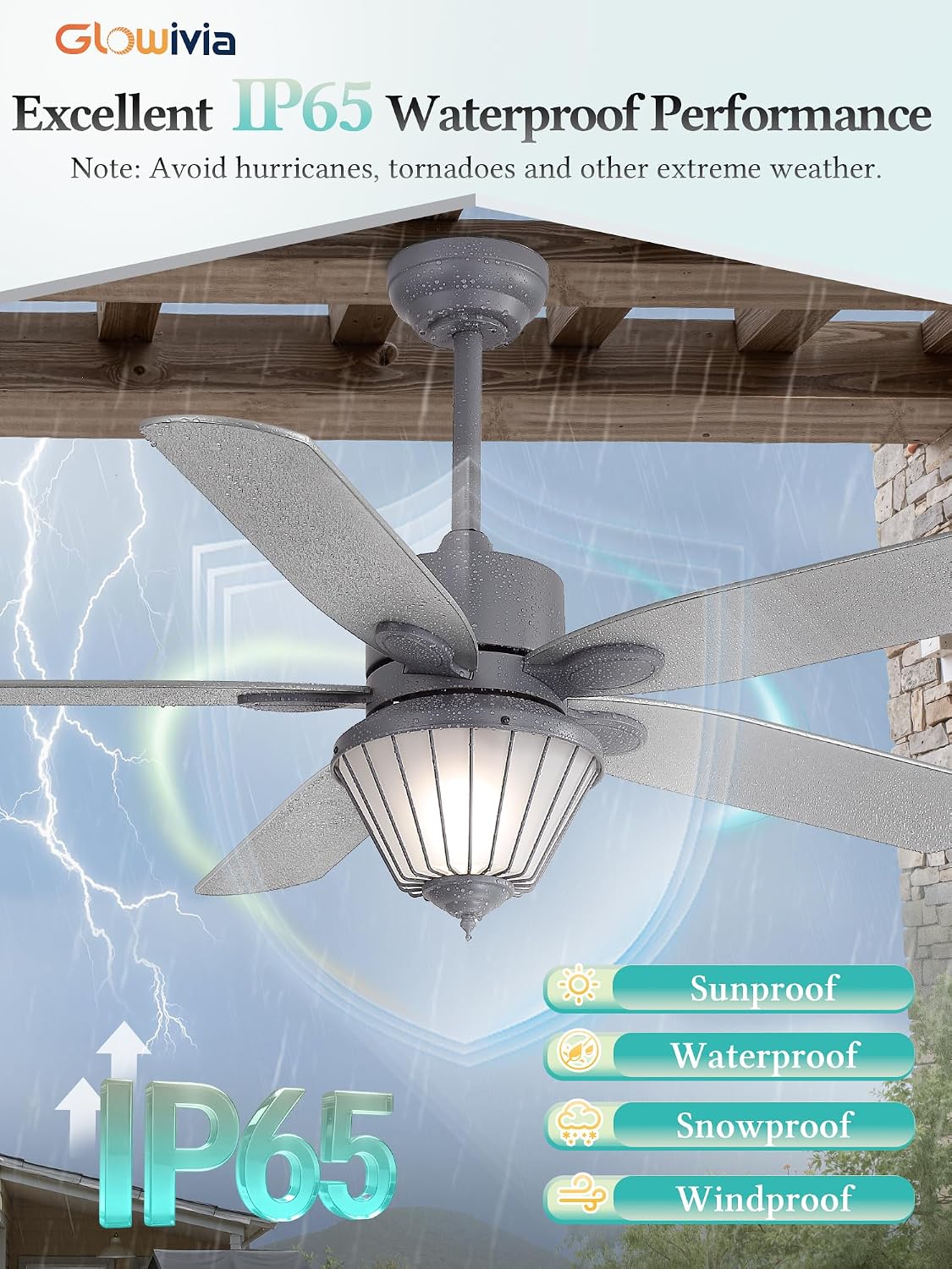 52 Inch Waterproof Outdoor Ceiling Fan with Lights, IP65 Waterproof, Remote Control, 6-Speed Quiet DC Motor, 5 Dual Finish Blades, Farmhouse Ceiling Fan for Patios Porch Pavilion (Gray)