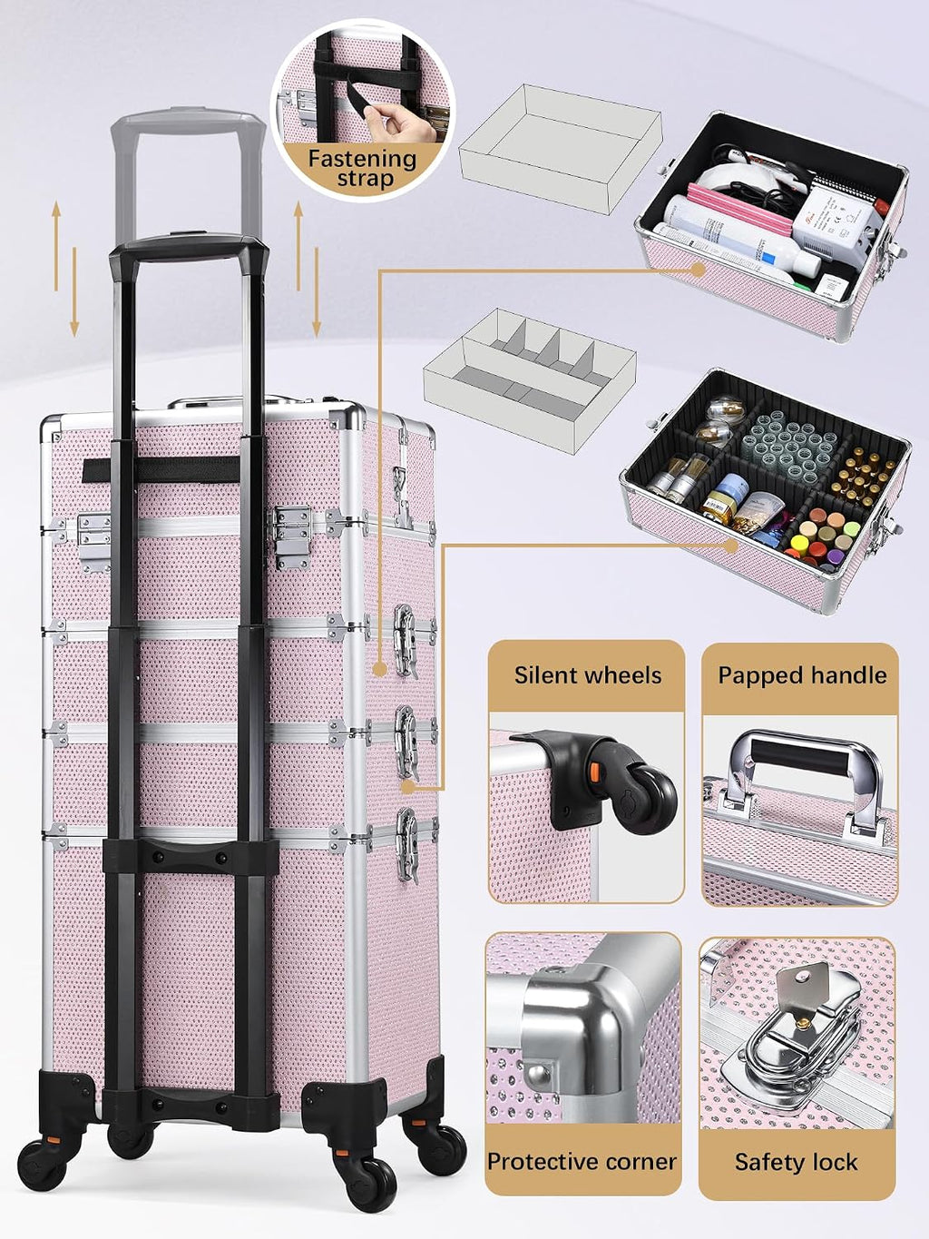 Costravio 5 in 1 Rolling Makeup Case on Wheels Large Cosmetology Case Organizer Beauty Cosmetic Train Case Travel Nail Cart for Make-up Studio Hair Salon, Pink Rhinestone