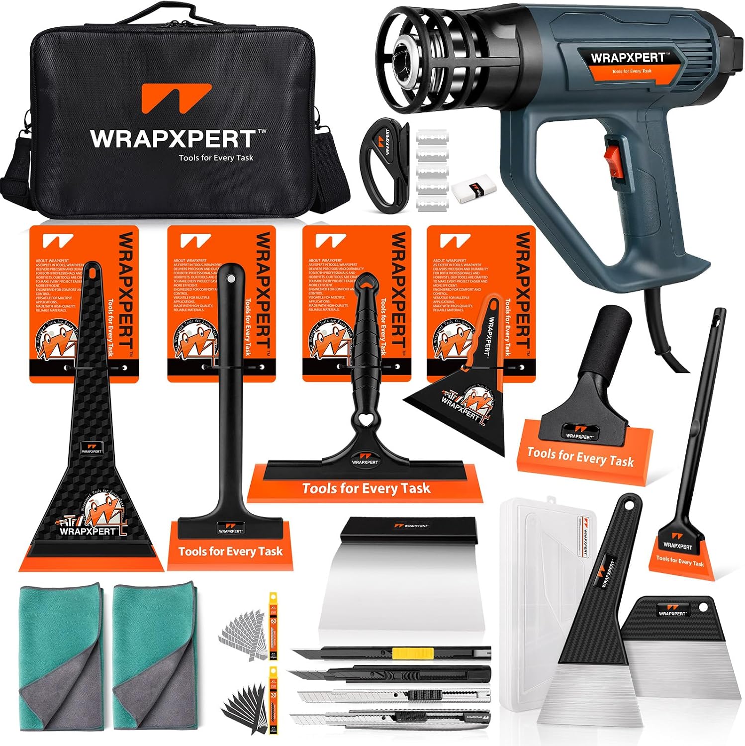 WRAPXPERT Window Tint Tools for Windshield/Rear/Side/Quarter Glass Window Film Installation, 20-in-1 Kits with LCD Heat Gun, Car Tint Squeegees, Utility Knives, Metal Trimming Scraper, Cleaning Cloth