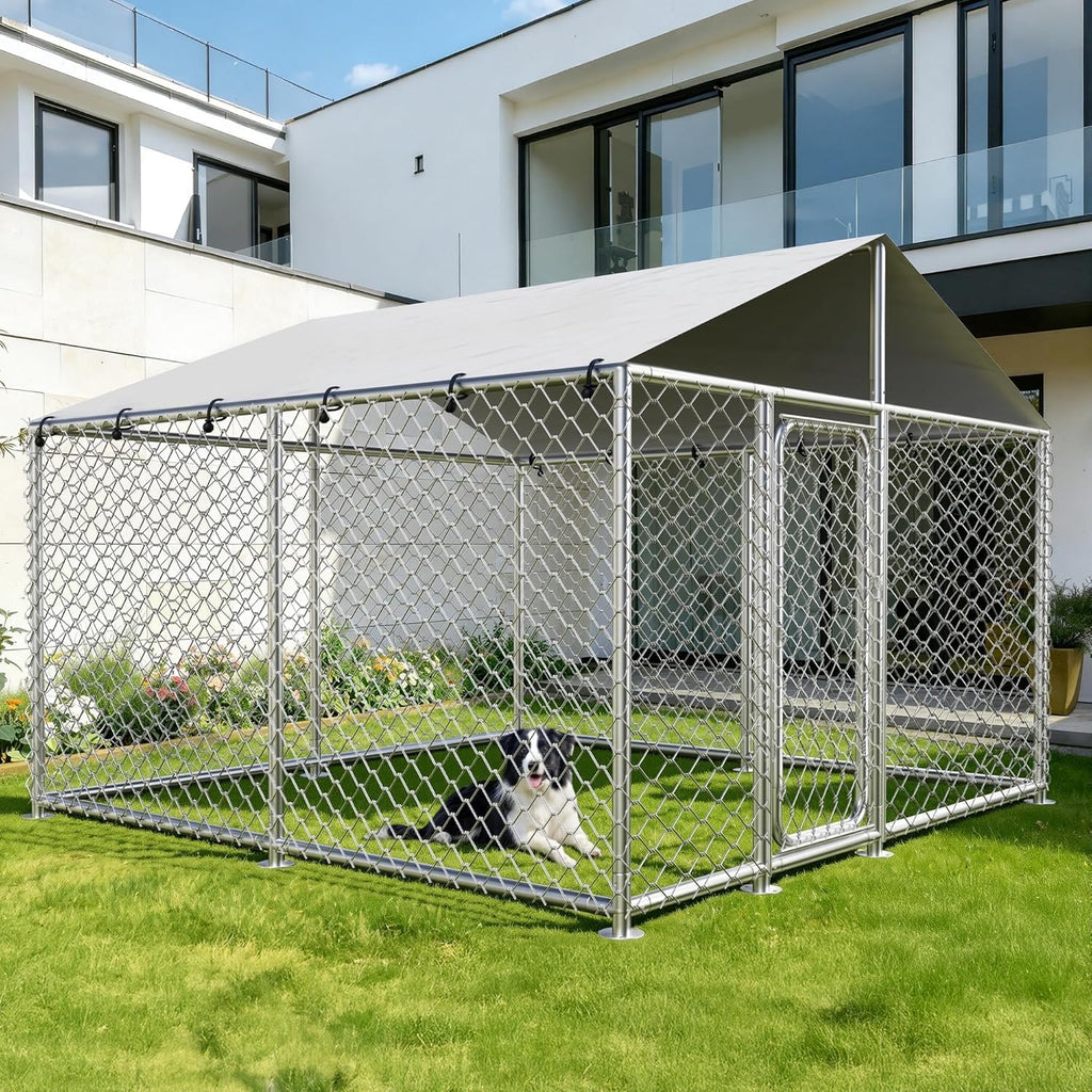 7.8x7.8 FT Heavy Duty Metal Dog Kennel with Waterproof Roof, Outdoor Dog Enclosure with Secure Lock & UV-Resistant Cover for Large Dogs (93x93x63 in)
