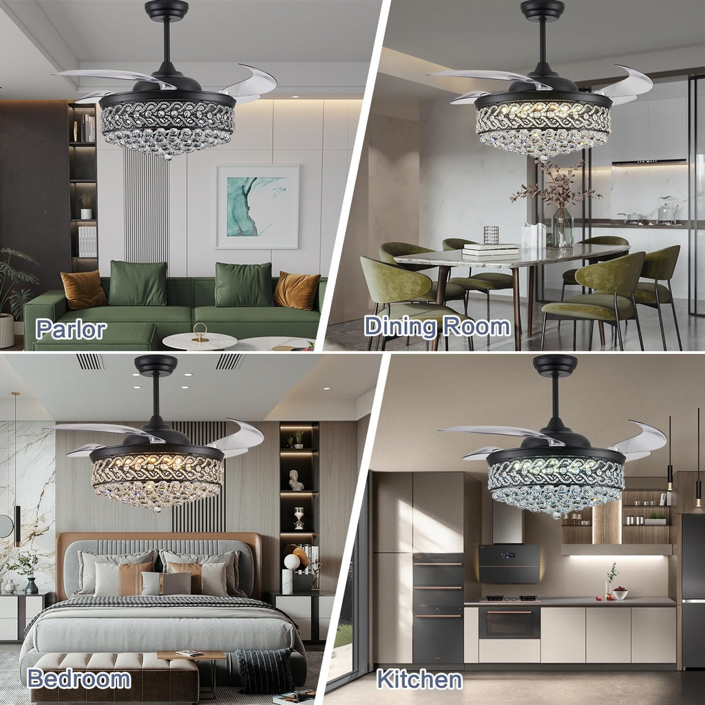 DuMaiWay 52' Dimmable Chandelier Ceiling Fan, Modern Crystal Retractable Invisible Blade Ceiling Fan with Remote Control for Bedroom Dining Room Living Room 6 Speed Change Black