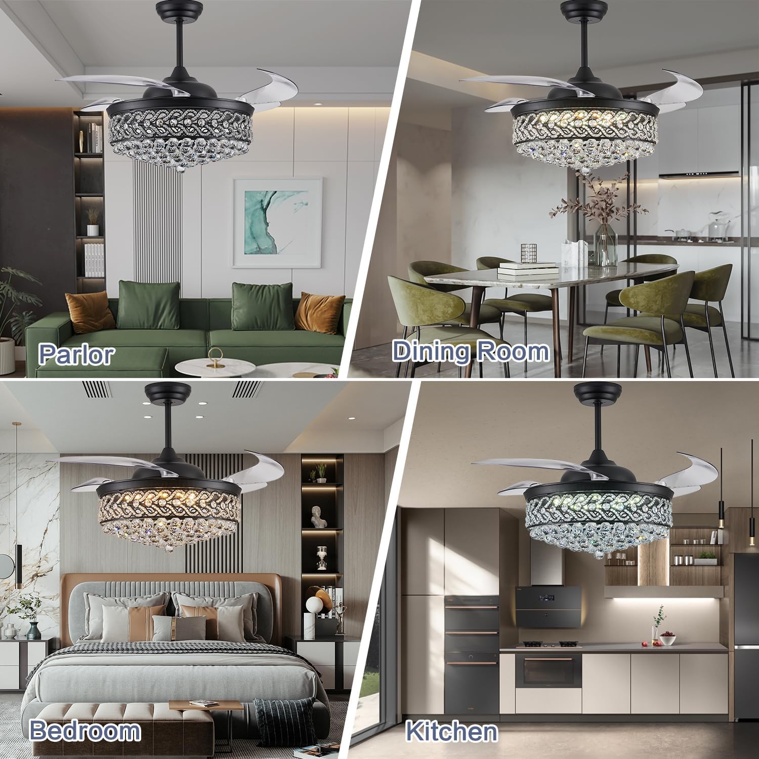 DuMaiWay 52' Dimmable Chandelier Ceiling Fan, Modern Crystal Retractable Invisible Blade Ceiling Fan with Remote Control for Bedroom Dining Room Living Room 6 Speed Change Black