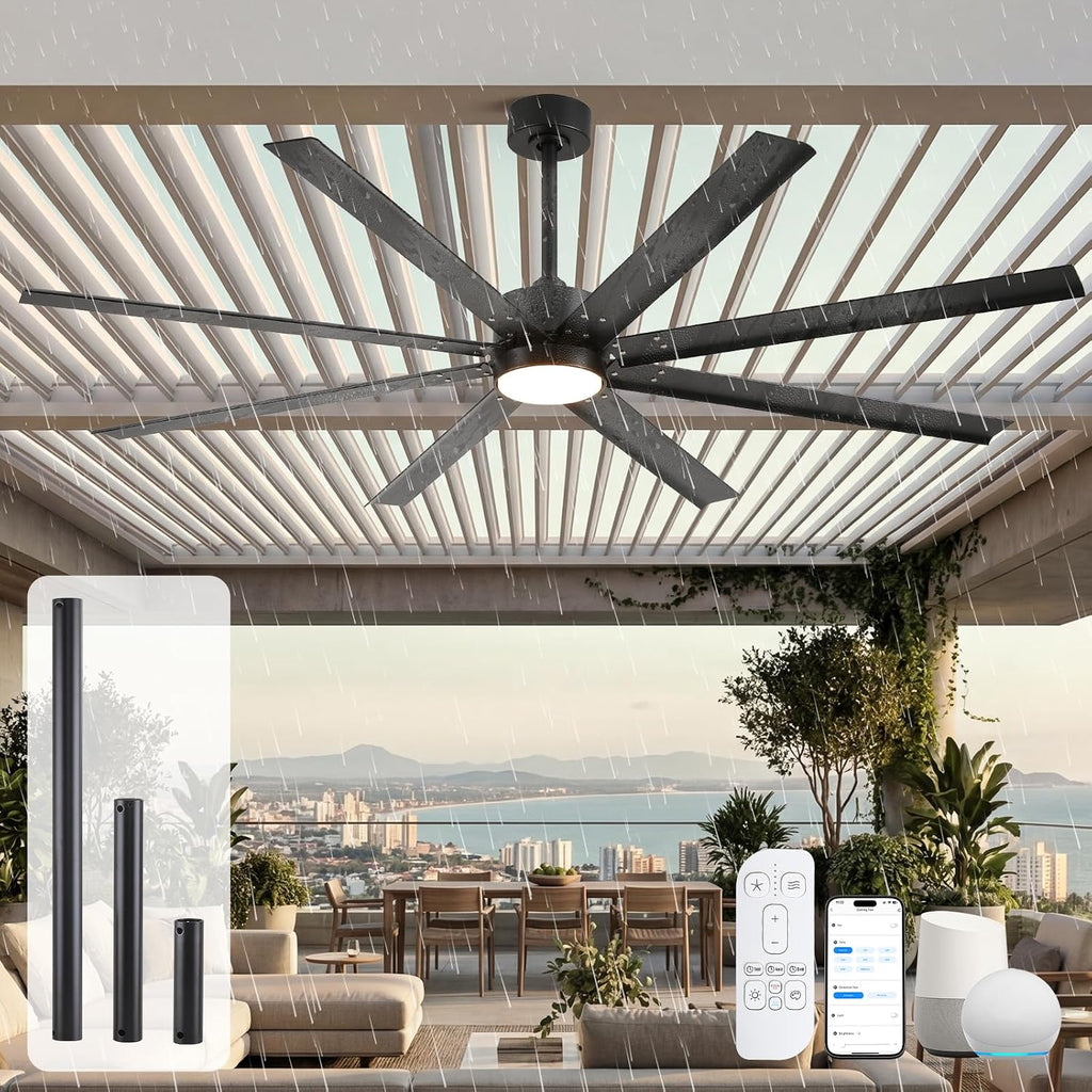 56 Inch Waterproof Outdoor Ceiling Fan with Light, All Weather Wet Rated Smart Fan with Alexa/App/Remote Control, 8 Modern Black Aluminum Blades, High CFM Quiet DC Motor, for Exterior Patio Porch