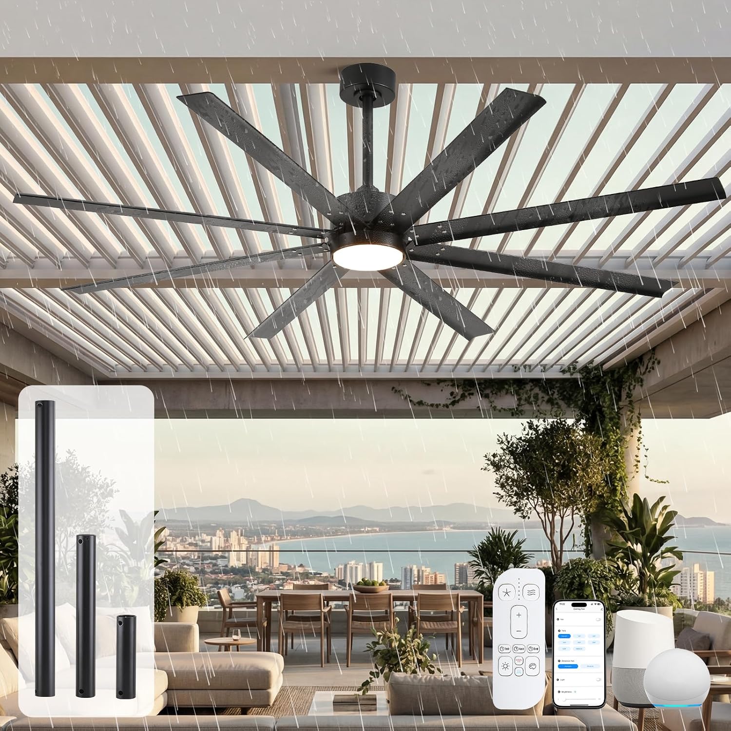 56 Inch Waterproof Outdoor Ceiling Fan with Light, All Weather Wet Rated Smart Fan with Alexa/App/Remote Control, 8 Modern Black Aluminum Blades, High CFM Quiet DC Motor, for Exterior Patio Porch