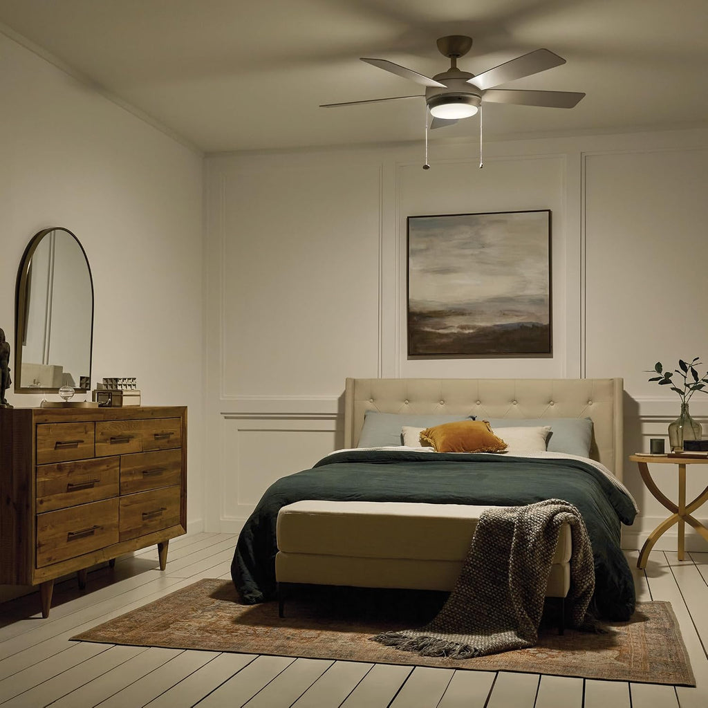 Kichler Starkk 52' Ceiling Fan with LED Lights in Brushed Nickel, 5-Blade Traditional Fan with reversible Silver/Walnut blades, 3000K, (52' W x 13.75' H), 330174NI