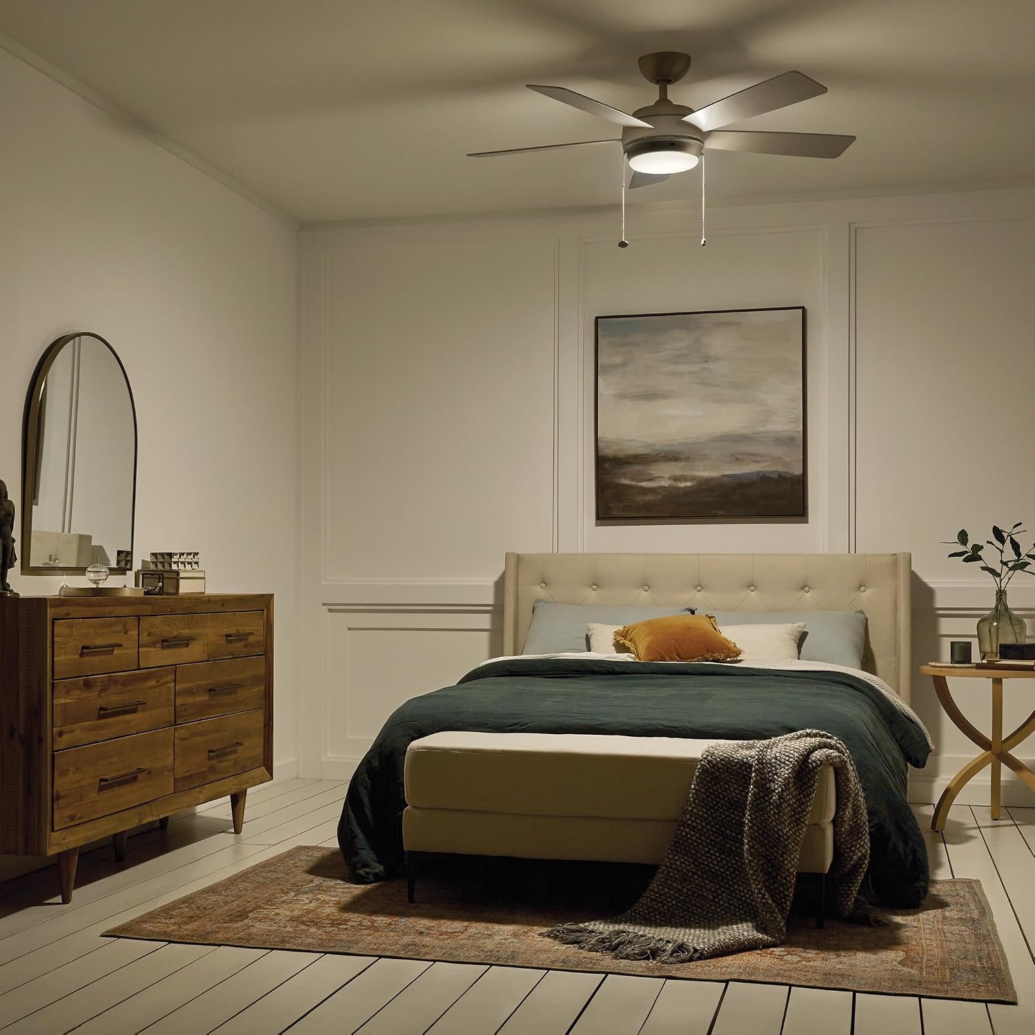 Kichler Starkk 52' Ceiling Fan with LED Lights in Brushed Nickel, 5-Blade Traditional Fan with reversible Silver/Walnut blades, 3000K, (52' W x 13.75' H), 330174NI