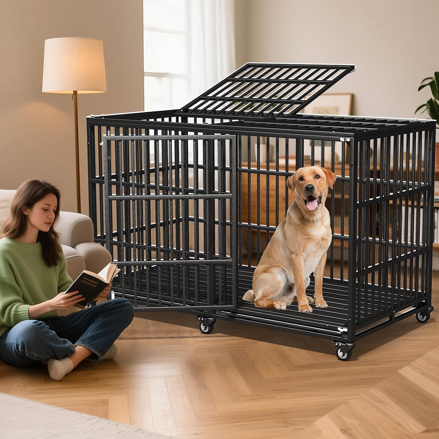Heavy Duty Dog Crate 64' Inch Indestructible Escape Proof High Anxiety Dog Pet Kennel Cage for Extra XL Large Giant Breeds Double Doors Locakable Wheels