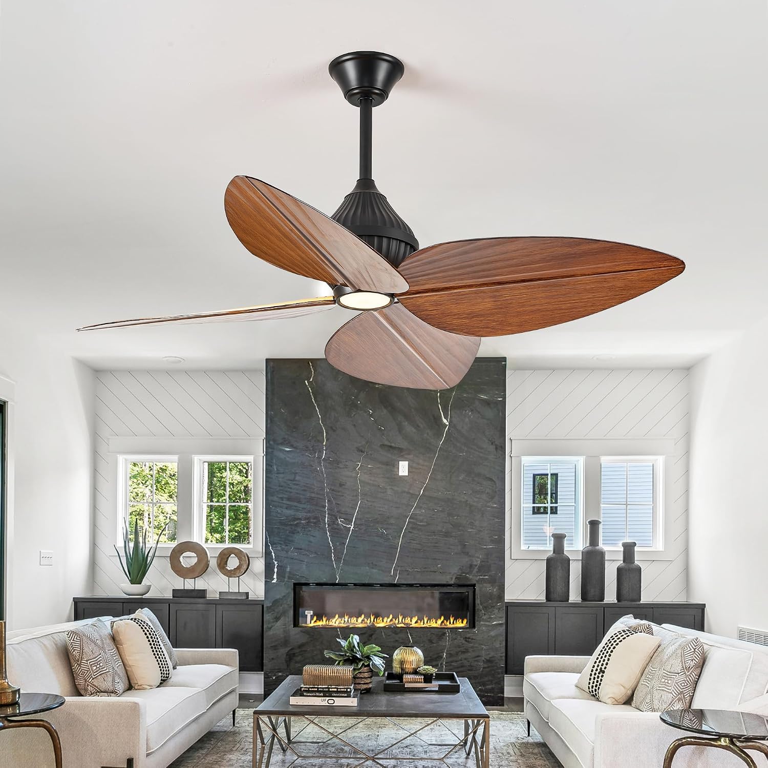 52' Ceiling Fan, Tropical Ceiling Fans with APP and Remote Control, Indoor Palm Leaf Ceiling Fans with Lights for Living Room Bedroom Patios, Dimmable(Walnut)