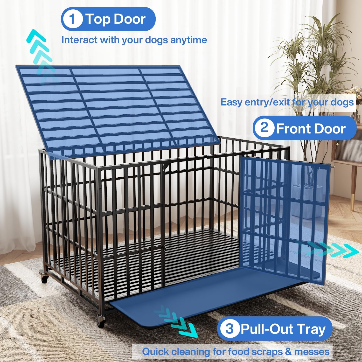 LEMBERI 48 Inch Heavy Duty Dog Crate, Indestructible Dog Kennel Indoor, Escape Proof Pet Cage for Large Dogs, High Anxiety Dog Crate with Double Door, Lockable Wheels & Removable Tray