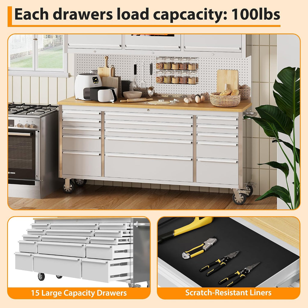 72-inch Rolling Tool Chest, 15 Drawers Garage Workbench Storage Tool Cabinet with Lock Key, Heavy Duty Rolling Cabinet with Solid Rubber Wood Top, Load Mobile Workstation for Warehouse, Repair Shop
