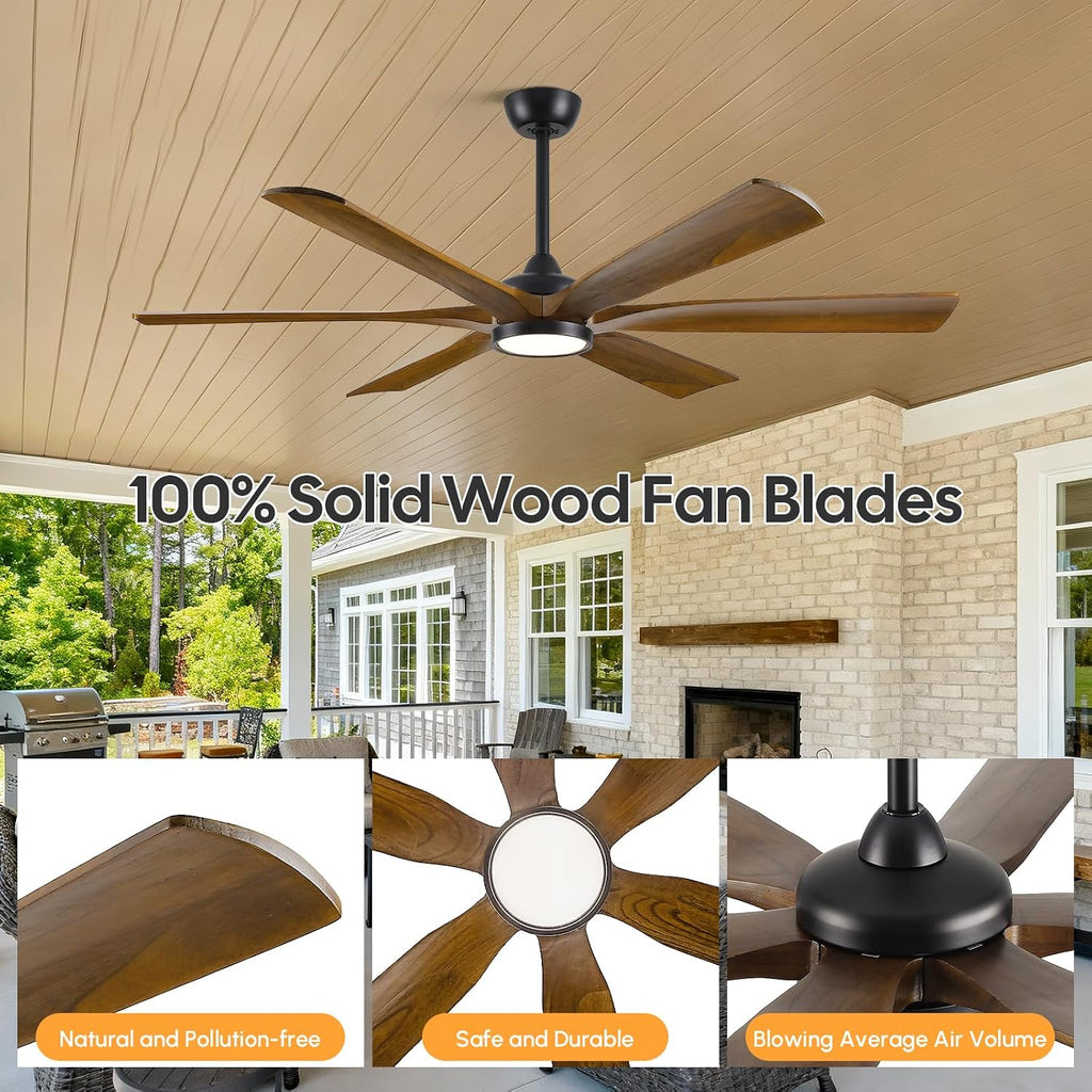 60 Inch Outdoor Ceiling Fan with Light, Smart Modern Farmhouse Ceiling Fan, Remote/Alexa/APP Control, 6 Brown Wood Blade, Damp Rated for Patio Indoor Exterior Use, High CFM Quiet Reversible DC Motor