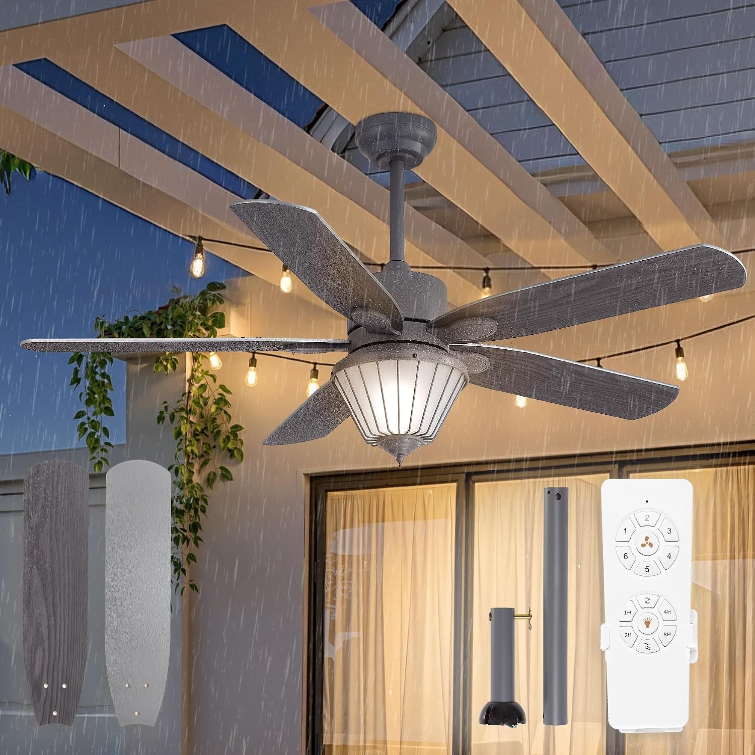 52 Inch Waterproof Outdoor Ceiling Fan with Lights, IP65 Waterproof, Remote Control, 6-Speed Quiet DC Motor, 5 Dual Finish Blades, Farmhouse Ceiling Fan for Patios Porch Pavilion (Gray)