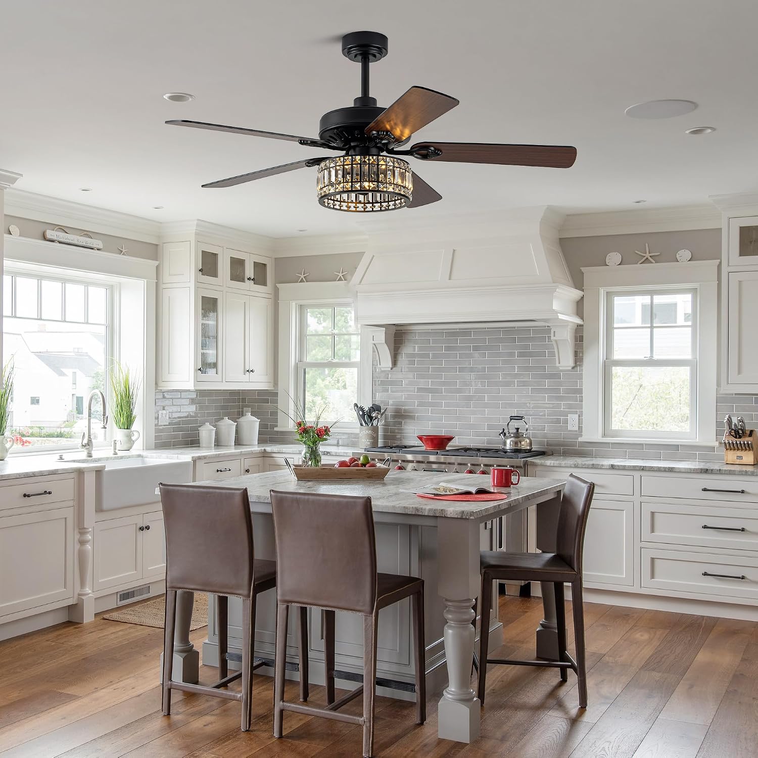 52' Black Crystal Ceiling Fan with Light, Modern Chandelier Fan with Remote, Farmhouse Vintage Fandelier Fan with Quiet DC Motor, 6 Speeds for Dining Living Room Bedroom (No Bulbs Included)