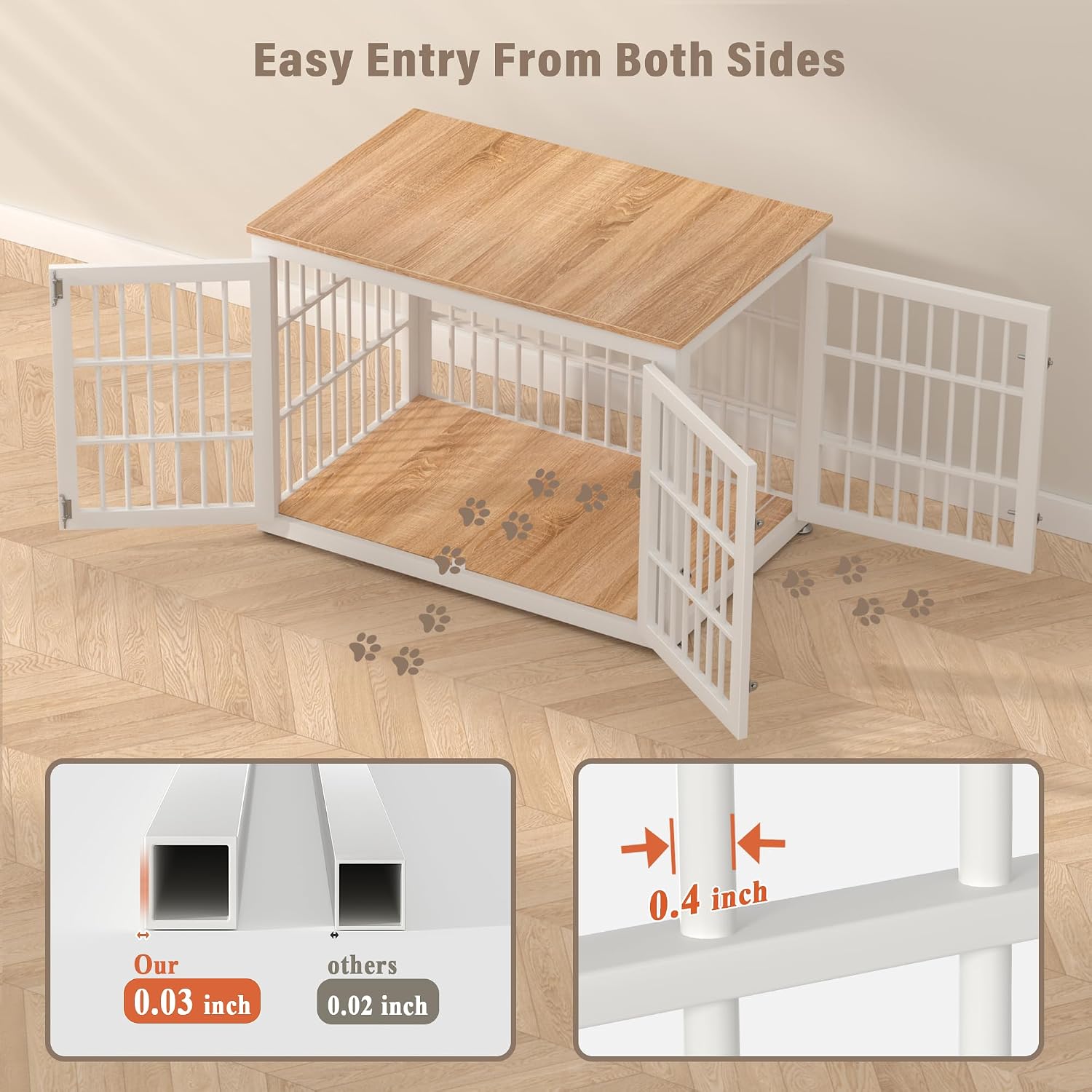 rehomerance 38 Inch Heavy Duty Dog Crate Furniture for Large and Medium Dogs, Decorative Pet House End Table, Wooden Cage Kennel Furniture Indoor, Natural and White