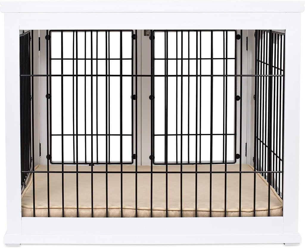 INTERNET'S BEST Decorative Dog Kennel with Pet Bed, Small Pet House, Double Door Indoor Crate, Engineered Wood & Wire Furniture, Side Table & Nightstand, Fits Small Dogs - White