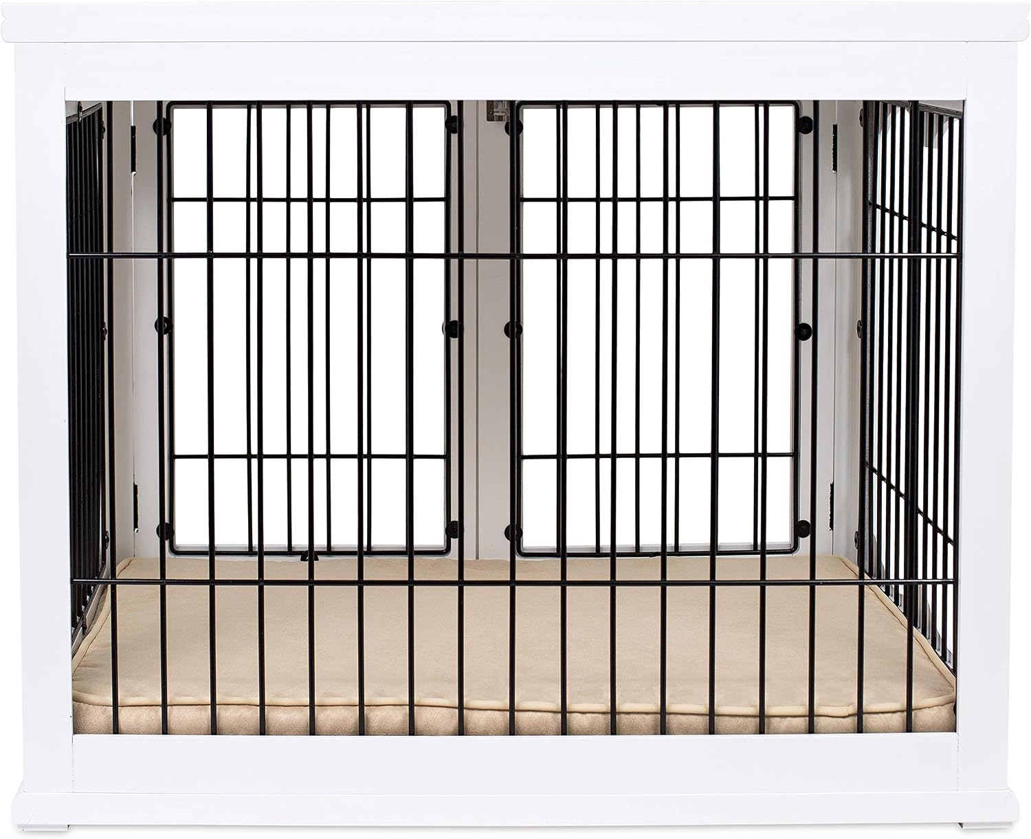INTERNET'S BEST Decorative Dog Kennel with Pet Bed, Small Pet House, Double Door Indoor Crate, Engineered Wood & Wire Furniture, Side Table & Nightstand, Fits Small Dogs - White