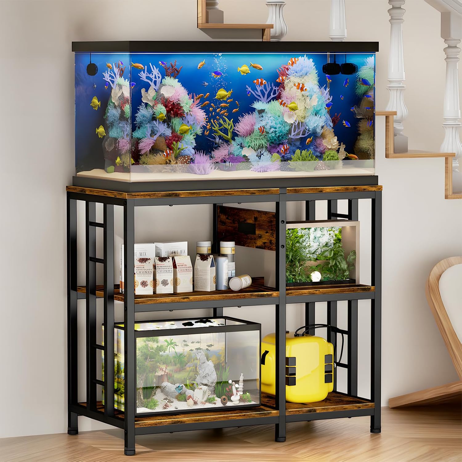 Reinforced 40-50 Gallon Aquarium Stand with Power Outlet, Ultra-Stable 720LBS Capacity Metal Fish, Tank Stand for Reptile/Aquatic Setups, 5-Tier Adjustable 37'x19' Steel Shelving System